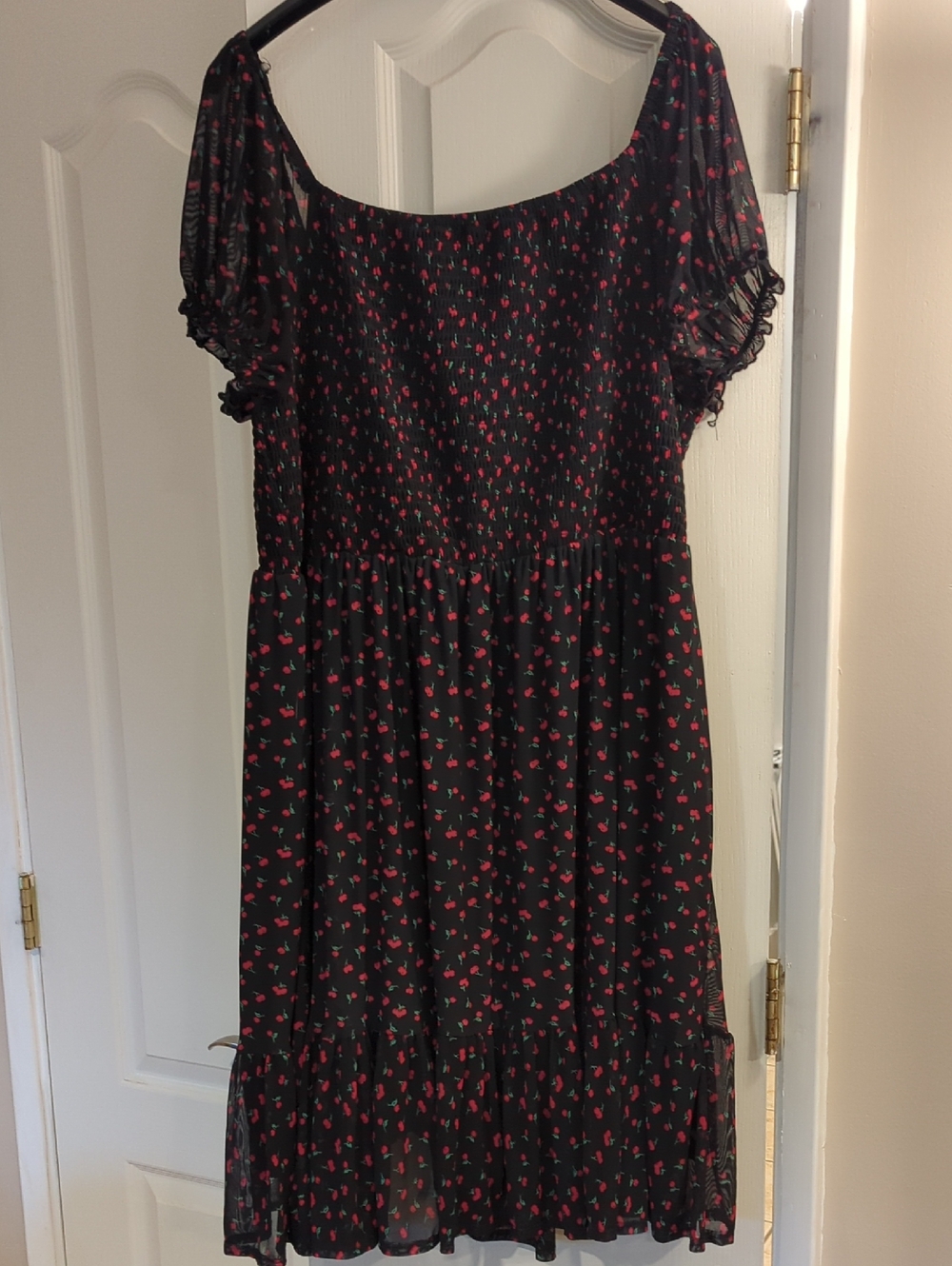 Black Floral Midi Dress with Red Mini-Cherry Print